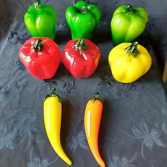 Source Unknown Other - 8 pc Hand Blown Glass Peppers Murano Vegetable Fruit Bell Chili Fruit Green Art